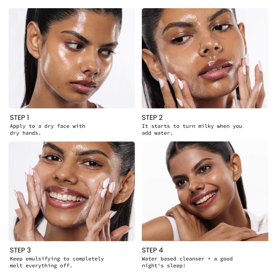 Four-panel skincare instruction graphic showing a woman's face in different stages of cleansing. Step 1 says apply to a dry face with dry hands; Step 2 says it turns milky when water is added; Step 3 says emulsify to melt everything off; Step 4 says water-based cleanser plus a good night's sleep.